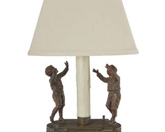 43
A French patinated metal figural table lamp
Mid-20th century
With pastille applied to base: Fabrication [illegible] / Paris / Made in France
The single-light lamp with faux candle standard, centering two boy figures mounted on an architectural footed base, surmounted by a fabric-lined paper shade and a pinecone finial, electrified
Overall: 21.25" H x 14.25" W x 8.5" D
Estimate: $400 - $600