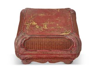 220
A Chinese red lacquered wood lunch box
Late Qing Dynasty (1644-1912) or later
The lidded box with woven panels, decorated in gilt depicting figures in a rural landscape, opening to reveal a four-compartment tray, set on a wood stand
Box: 3.75" H x 6.625" W x 6.625" D; Stand: 2" H x 9" W x 6" D
Estimate: $400 - $600