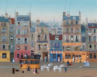 392
Michel Delacroix
(b. 1933)
"La diligence"
Oil on canvas
Signed and inscribed lower right: Michel Delacroix / "Paris"; signed and inscribed again, titled, and with the artist's device and copyright statement, all verso
23.625" H x 28.5" W
Estimate: $10,000 - $15,000