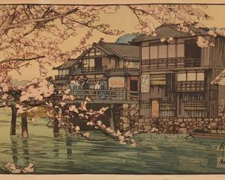 275
Hiroshi Yoshida
(1876-1950)
"Hayase," from the "Kansai District" series, 1933
Woodcut in colors on paper
From the edition of unknown size and date
Signed and titled in pencil in the lower margin: Hiroshi Yoshida; with the printed black ink signature and the artist's red ink seal in the image at lower right; with the jizuri ("self printed") stamp as well as other Japanese characters stamped in the left margin
Image: 9.5" H x 14.75" W; Sight: 10.25" H x 15.25" W
Estimate: $400 - $600