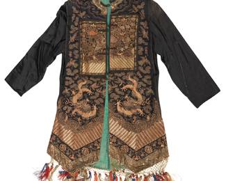 216
A Chinese embroidered Qing court-style garment
Late Qing Dynasty (1644-1912) and later
Comprising a black silk lady's long vest or 'xiapei', composed of various applied embroidered textile elements including two silver pheasant civil rank badges, to front and back, and the vest with large dragons to each side, surrounded by bats, medallions, and other auspicious symbols as well as clouds, waves, and flowers, the designs primarily worked in couched metallic threads, and all mounted to later-added Western-style black satin sleeves, with shoulder pads, side gussets, and knotted braid toggle closures, with green silk lining and decorative tasseled fringe
39" H x 27.5" W approximately; sleeves: 23"; fringe: 9" H
Estimate: $1,500 - $2,500