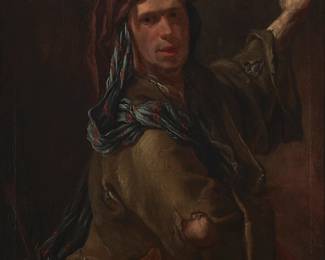112
Johann Georg Dathan
(1701-1749)
"Wild Huntsman, in ragged clothes" (likely a self-portrait of the artist)
Oil on canvas
Unsigned; titled on a label affixed to the frame's verso
34" H x 26.5" W
Estimate: $4,000 - $6,000
