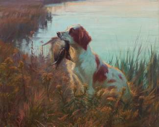 313
Elizabeth Strong
(1855-1941)
Brittany and game
Oil on canvas laid to waxed canvas
Signed lower right: Elizabeth Strong
20" H x 24" W
Estimate: $3,000 - $5,000