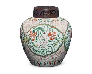 83
A Chinese Wucai glazed porcelain ginger jar
Transitional Period (circa 1650) or style
Depicting child figures in friezes and floral motifs, with pierced wood lid
Overall: 8.875" H x 8.125" Dia.
Estimate: $600 - $900