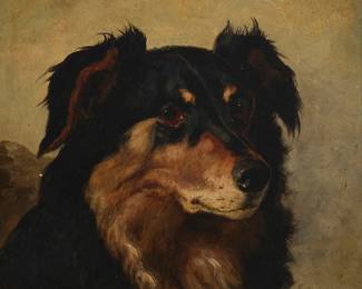 340
Attributed to Alfred Wheeler
(1851-1932)
Shetland sheepdog
Oil on canvas
Indistinctly initialed and dated or partially signed, lower left, possibly "AW93;" also with letters and numbers, verso, possibly "AW9," and more distinctly (in a different hand), "x1164," all verso
14" H x 12" W
Estimate: $400 - $600