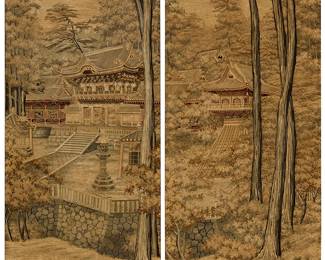 280
A pair of framed Japanese embroidered silk pictures
The diptych forming a view of a large temple complex in a wooded landscape with multiple structures and rock wall, all worked in various embroidery stitches in monochrome greys, cream, brown and red on a fabric ground
2 pieces
Each sight: 51" H x 22.25" W
Estimate: $400 - $600
