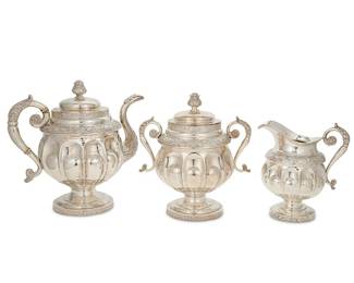 310
An American silver tea service
Early/mid-20th century, Frederick Marquand
Each XRF tested for .900 silver; each with pseudo-British hallmarks with monarch, lion passant, and G / F.M. [within a crenelated box]
Comprising a teapot (9.75" H x 10.125" W x 6.375" D), a covered sugar bowl (9.5" H x 8.5" W x 5.75" D), and a milk jug (6.75" H x 6.375" W x 4.625" D)
3 pieces
Total weight: 75.8 gross oz. troy approximately
Estimate: $1,500 - $2,000