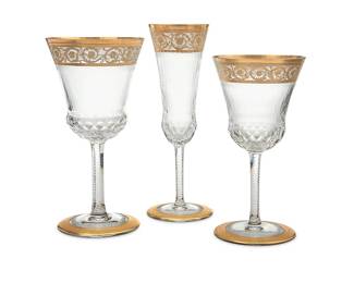 23
A Saint-Louis glass 'Thistle' stemware service
Late 20th/early 21st century
Some with factory stencil mark to underside
Comprising 23 fluted champagne glasses (7.5"), 12 continental goblets (7"), and 12 burgundy wine glasses (6.375")
47 pieces
Estimate: $3,000 - $5,000