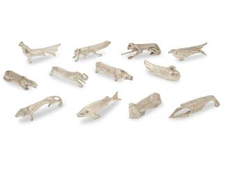 44
A collection of Christofle silver-plated 'Gallia' knife rests
Circa 1930
Designed by Edouard-Marcel Sandoz (1881-1971)
The Art Deco rests each in the form of an animal or insect
12 pieces
Each: 1" H x 4" W x 1" D approximately
Estimate: $400 - $600