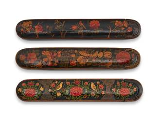 105
Three Persian polychrome wood and papier-mâché pen boxes
Late Qajar Dynasty (1789-1925)
Each decorated with floral motifs and with lacquered finish
3 pieces
Longest: 8.75" L
Estimate: $1,000 - $1,500