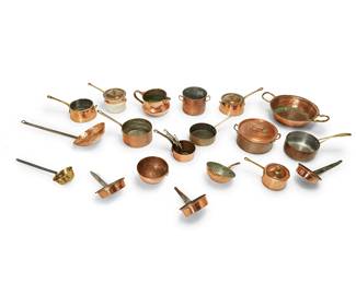 41
A group of French copper cookware
20th century
Each unmarked
Comprising five pans in graduated sizes, three sauce pans, a bain-marie, a colander, and other various pots and pans
22 pieces
Largest: 5" H x 22.25" W x 14" D
Estimate: $1,000 - $1,500