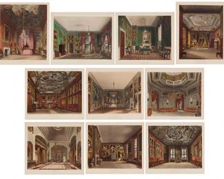 133
10 plates from "The History of the Royal Residences of Windsor Castle, St. James's Palace, Carlton House, Kensington Palace, Hampton Court, Buckingham House, and Frogmore," by William Henry Pyne, published 1819
Aquatints with hand-coloring on wove paper, at least one of which is watermarked J Whatman 1816
From the editions of unknown size, after drawings by C. Wild, J. Stephanoff, or R. Cattermole; engraved by R. Reeve, W. J. Bennett, D. Havell, or T. Sutherland; each plate with the title, as well as the name of the individual artist and the individual engraver printed in the plate below the image; the various plates printed 1816-1819; A. Dry, London, England, pub.
Plate of one: 10" H x 12. 375" W; Sheet of one: 10.5" H x 13.125" W
Estimate: $1,000 - $1,500