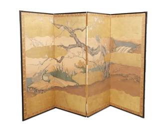 287
A Japanese four-panel byobu screen
Edo Period (1603-1867) or later, Kano School
The painted and gilt rice paper screen in a wood frame, each panel coming together to depict fowls and a cherry blossom tree in a riparian landscape, within a gold-toned fabric border
Each panel: 66.5" H x 25" W x 0.75" D; Stored: 3.125" D
Estimate: $1,200 - $1,800