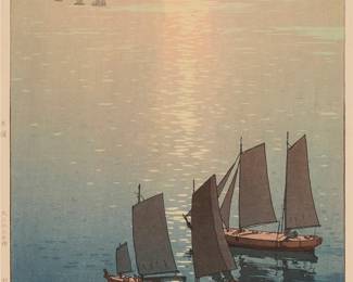 271
Hiroshi Yoshida
(1876-1950)
"Glittering Sea," from the "Inland Sea" series, 1926
Woodcut in colors on paper
From the edition of unknown size and date
Signed in pencil and with the title stamped in ink, both in the lower margin: Hiroshi Yoshida; with the black ink signature and the artist's red ink seal in the image at lower right; with the jizuri ("self printed") stamp as well as other Japanese characters stamped in the left margin
Image: 14.5" H x 9.625" W; Sight: 15.5" H x 10.25" W
Estimate: $1,500 - $2,500