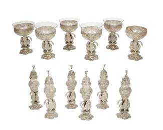 1
A group of J. D. Schleissner & Söhne salt cellars and pepper casters
Late 19th/early 20th century; Germany
Most marked .800 and with maker's mark of J. D. Schleissner Söhne, Hanau
The salts with pierced bowls and scalloped etched glass inserts, each piece with swan-form stems and repoussé detailing
12 pieces
Each pepper: 8.5" H x 2.375" Dia.; Each salt with glass: 6" H x 3.875" Dia.
Total weight: 87.9 oz. troy approximately
Estimate: $1,000 - $1,500