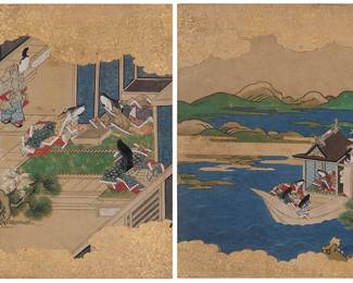 256
Two Japanese Edo period Tosa School paintings
Two works:
"Utsusemi" (This mortal life)
Depicting two ladies playing "Go" and a court dandy
Gouache, gold leaf, and ink on beige paper laid to thin paperboard
Unsigned; inscribed in Japanese in pencil, in another hand, verso; titled and again inscribed in pencil, in another hand, verso: "Tosa School Painting / about 200 years old"
Image/Sheet: 8" H x 7" W
"Ukibune" (Floating boat)
Depicting courtesans in a pleasure boat
Gouache, gold leaf, and ink on beige paper laid to thin paperboard
Unsigned; inscribed in Japanese in pencil, in another hand, verso; titled and again inscribed in pencil, in another hand, verso: "Tosa School Painting / about 200 years old"
Image/Sheet: 8" H x 7" W
Estimate: $300 - $500