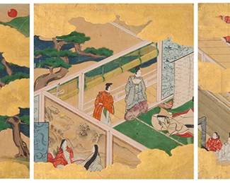 255
Scenes from The Tales of Genji, Japanese, Meiji period, 19th century
Three paintings with ink, gouache, and gold leaf on paper
Each composition depicts robed figures engaged in various activities within stylized architectural settings
Appears unsigned
Sight of each: 10.625" H x 9.625" W
Estimate: $500 - $700
