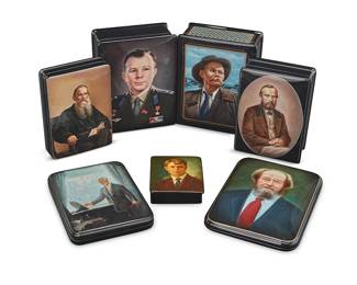 122
A group of Russian lacquer portrait boxes
Late 20th/early 21st century
One inscribed under lid: Fedoskino Pegochuho; another with gilt-metal plaque; some variously signed to portrait
Depicting portraits of authors and composers, including Leo Tolstoy, Maxim Gorky, Sergei Yesenin, Alexander Ostrovsky, Pyotr Ilyich Tchaikovsky, Aleksandr Solzhenitsyn, and cosmonaut Yuri Gagarin
7 pieces
Largest: 2.625" H x 5.5" W x 7" D; Smallest: 1.125" H x 3.375" W x 3.875" D
Estimate: $800 - $1,200