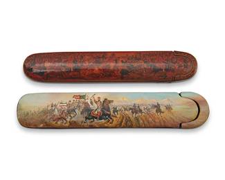 106
Two Persian polychrome wood and papier-mâché pictorial pen boxes
Late Qajar Dynasty (1789-1925)
Each depicting a battlefield scene, one with a lacquered finish
2 pieces
Longer: 9.625" L
Estimate: $1,000 - $1,500
