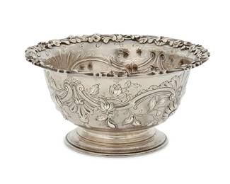 309
A George III sterling silver berry bowl
1759
Marked for sterling, date, and for London, with maker's mark: CM [Christopher Makemeid]
The sterling footed bowl with repoussé scrolled, floral, and foliate motifs to body
3.375" H x 6.625" Dia.
12.7 oz. troy approximately
Estimate: $500 - $700