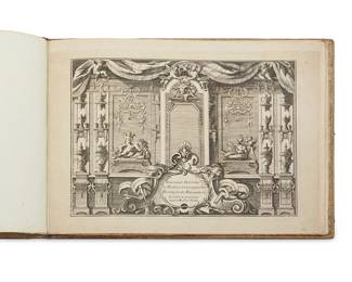 132
Andre Charles Boulle
(1642-1732)
"Nouveaux Deisseins [sic] de Meubles et Ouvrages de Bronze et de Marqueterie," early 18th century
Eight engravings on various laid papers, at least five of which have watermarks
With the name of the artist and publisher engraved in the plate of the title page along with the plate number and title of the series; each of the seven other plates with the plate number engraved at lower right and the various decorative elements identified; Andre Charles Boulle, Paris, designer and engraver; Jean Mariette, Paris, publisher; all bound, together with marbleized end papers, in leather-covered boards with gilt-stamped decorative edges and "Boulle" gilt-stamped on the narrow spine
Title page image: 8" H x 11.375" W; Sheets: 9.75" H x 14" W (approx.)
Estimate: $2,000 - $3,000