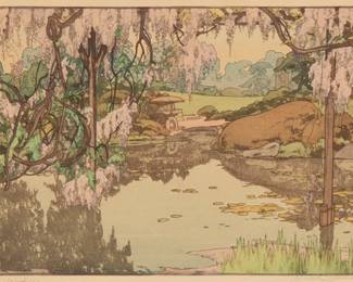 279
Hiroshi Yoshida
(1876-1950)
"Wisteria Garden," 1935
Woodcut in colors on paper
From the edition of unknown size and date
Signed and titled in pencil in the lower margin: Hiroshi Yoshida; with the printed black signature and the artist's red ink seal in the image at lower left; with the jizuri ("self printed") stamp as well as other Japanese characters stamped in the left margin
Image: 9.625" H x 14.625" W; Sight: 10.125" H x 15.25" W
Estimate: $300 - $500