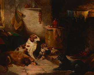 333
George Armfield
(1808-1893)
Hunting dogs in an interior, 1870
Oil on canvas laid to canvas
Signed and dated lower right: G. Armfield 70
30" H x 50" W
Estimate: $3,000 - $5,000