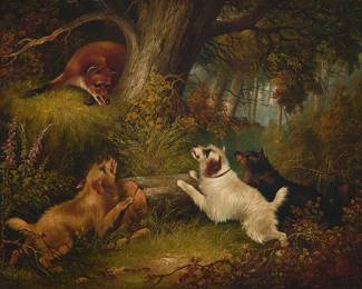 334
George Armfield
(1810-1893)
Terriers hunting a fox
Oil on canvas laid to waxed canvas
Signed lower right: G. Armfield
16" H x 20" W
Estimate: $800 - $1,200