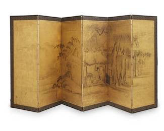 288
A Japanese six-panel byobu screen
Edo Period (1603-1868) or earlier
The painted gilt rice paper screen in a wood frame, each panel coming together to depict possibly the sage Zhuge Liang (Shokatsu Komei) in his thatched hut, all within a fabric border
Each panel: 68.75" H x 24.75" W x 0.75" D; Stored: 4.5" D
Estimate: $1,000 - $1,200