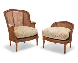 30
A Louis XV-style caned walnut Duchesse brisée
Early 20th century with later elements
The two-part chaise lounge, each with carved floral motifs to crest rail, scrolled armrests, and raised on fluted feet, featuring caning to back and seat, which have been reinforced and include later rug-upholstered cushions
2 pieces
Larger: 37.5" H x 30" W x 31.5" D; Smaller: 26" H x 26" W x 27.75" D
Estimate: $300 - $500