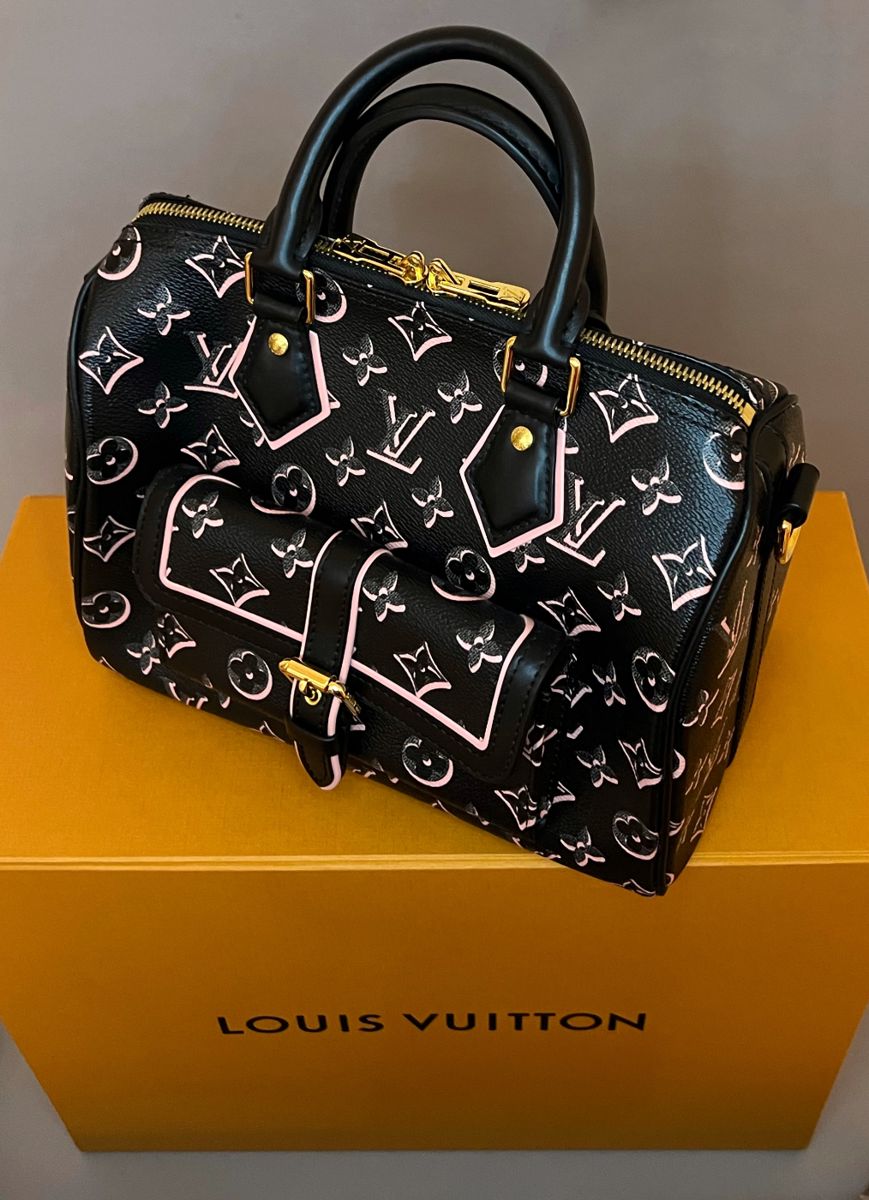 Authentic Louis Vuitton Speedy Bandouliere 25 Monogram Black Pink Bag