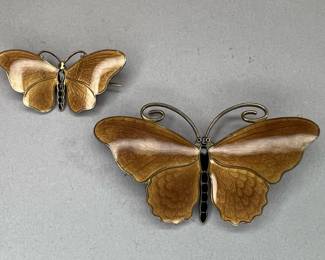 Scandinavian Sterling Silver Guilloche Enamel Butterfly Brooches