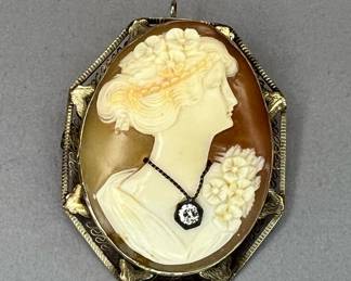 Victorian 18K White Gold (tested) Cameo with Diamond Brooch