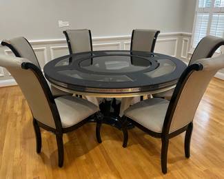 Contemporary Round Family Table with Built In Lazy Susan!! Set of 6 Upholstered Lacquered Chairs