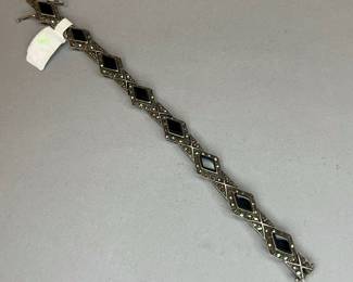 Vintage Art Deco Black Onyx & Marcasite Sterling Bracelet