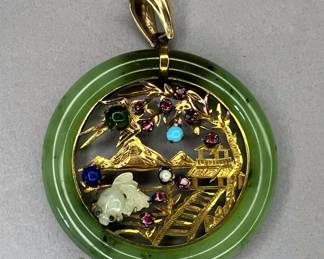 18K Gold Jade and Semiprecious Stones Pendant