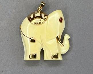 14K Gold and Carved Bone Elephant Pendant