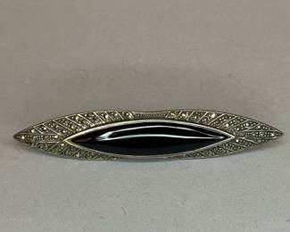 Vintage Art Deco Black Onyx & Marcasite Sterling Brooch