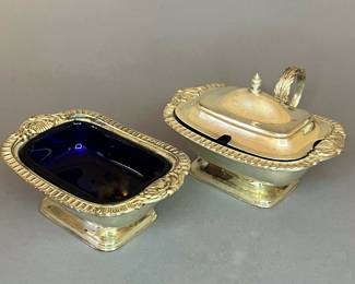 Silver Plate with Cobalt Glass Inserts, Open Salt Cellar and Mustard