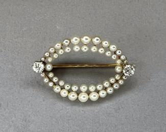 14K Gold Pearls & Diamonds Brooch