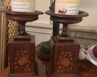 Pair French Marquetry Mantel Comports