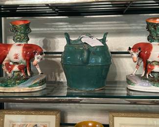 Pair Staffordshire Cow Spill Vases