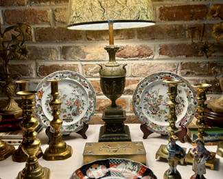 French Brass Table Lamp, Imari Plate