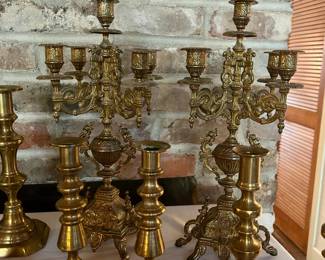 Victorian Brass Candelabras, English Push Up Candlesticks