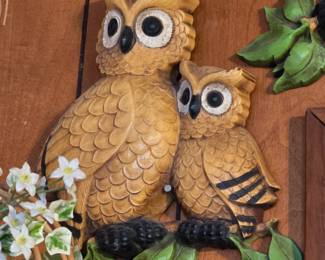 1970s Homeco owl pair wall art plaque