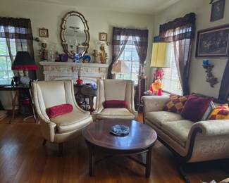 pair of elegant MCM chairs and sofa, beautiful, round wood table with inlay