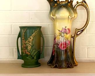 Roseville pottery vase and R S Prussia pitcher