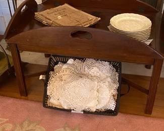 Butlers tray coffee table with beautiful crochet doilies