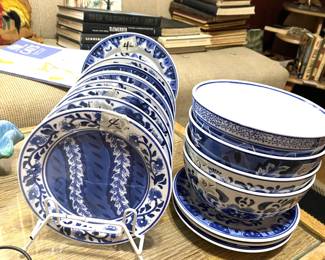 blue and white plates and bowls