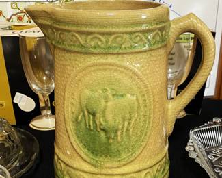 Antique Hull Pottery Yellowware Salt Glaze grazing cattle pitcher